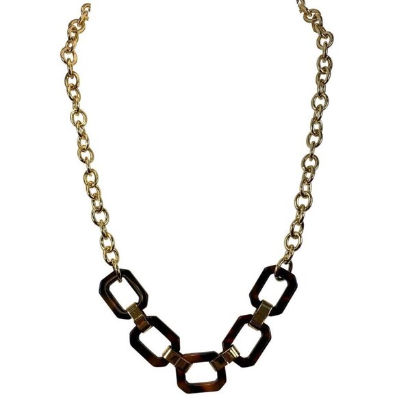 Womens Fashion Tortoise Shell Gold Tone Link Necklace w 5 Tortoise Links NEW - Picture 1 of 3